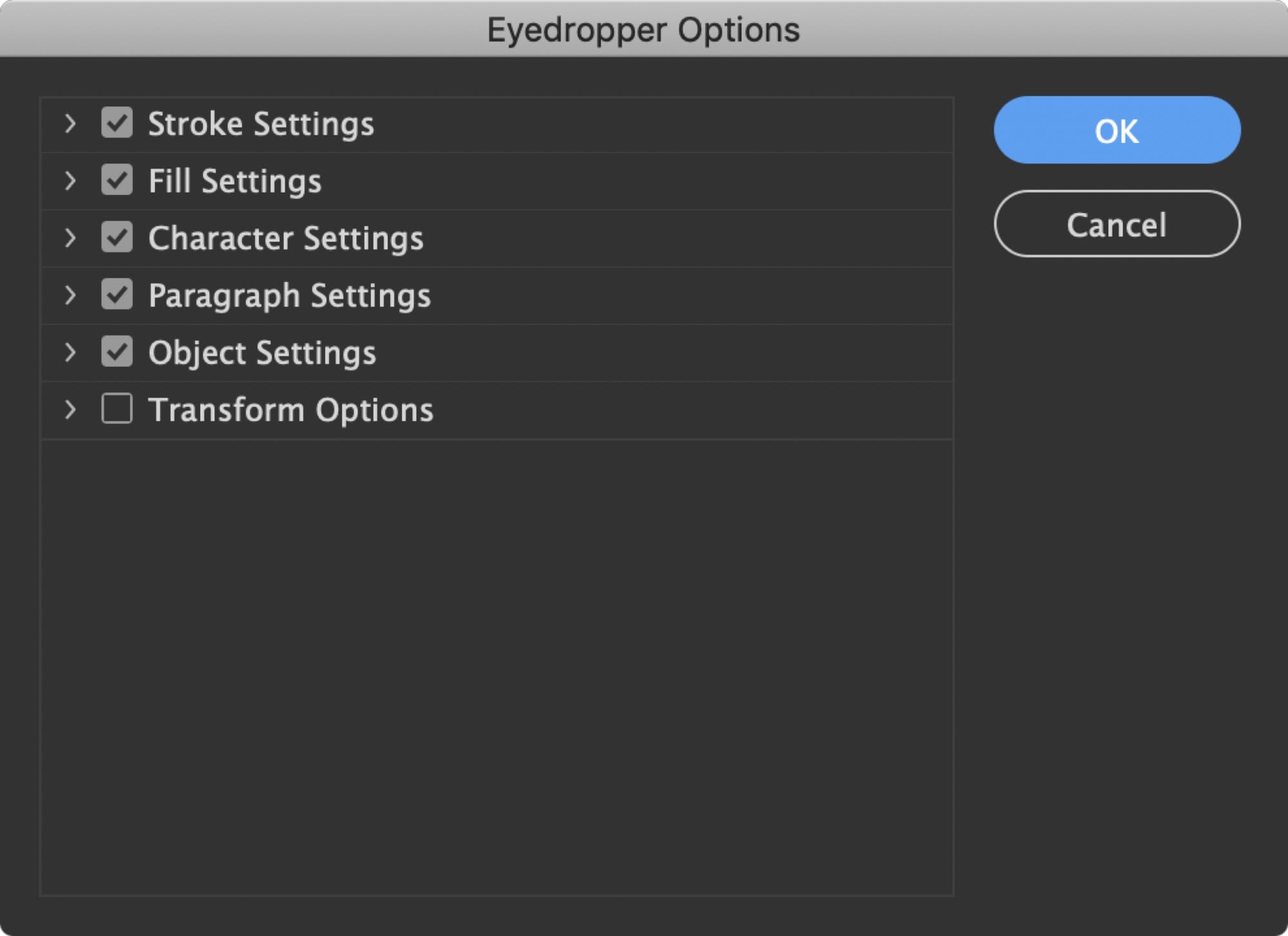 InDesign Eye Dropper Tool Settings